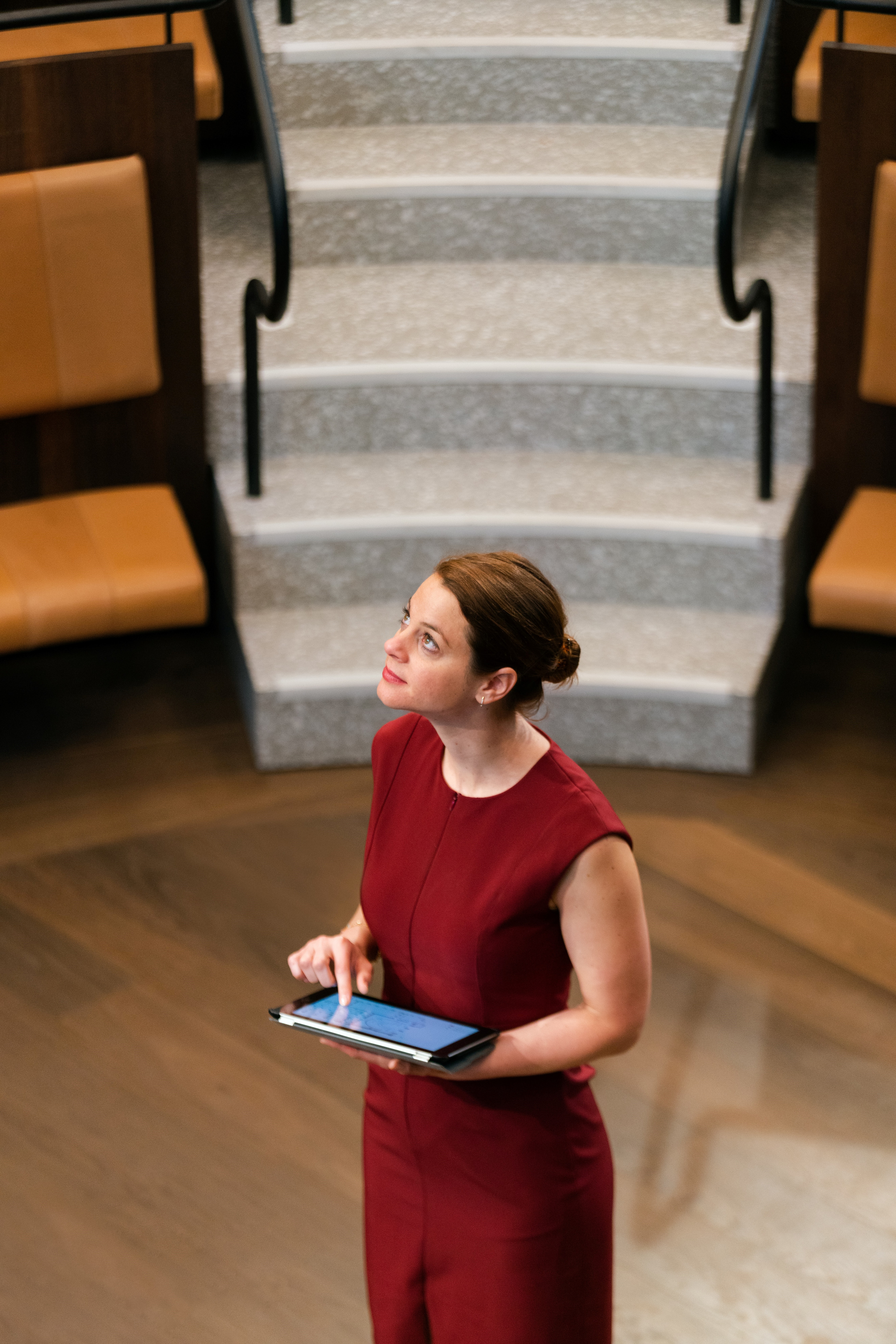 The section that states, “Business Protopia.” The image is a young woman in a sleeveless red conservative red business type dress holding a computer tablet, and she is in the middle of what appears to be a small university lecture hall with steps rising 4 meters behind her head with medium brown hardwood flooring brown leather padded seats. She appears to be looking up at the words “Customer Protopia.”