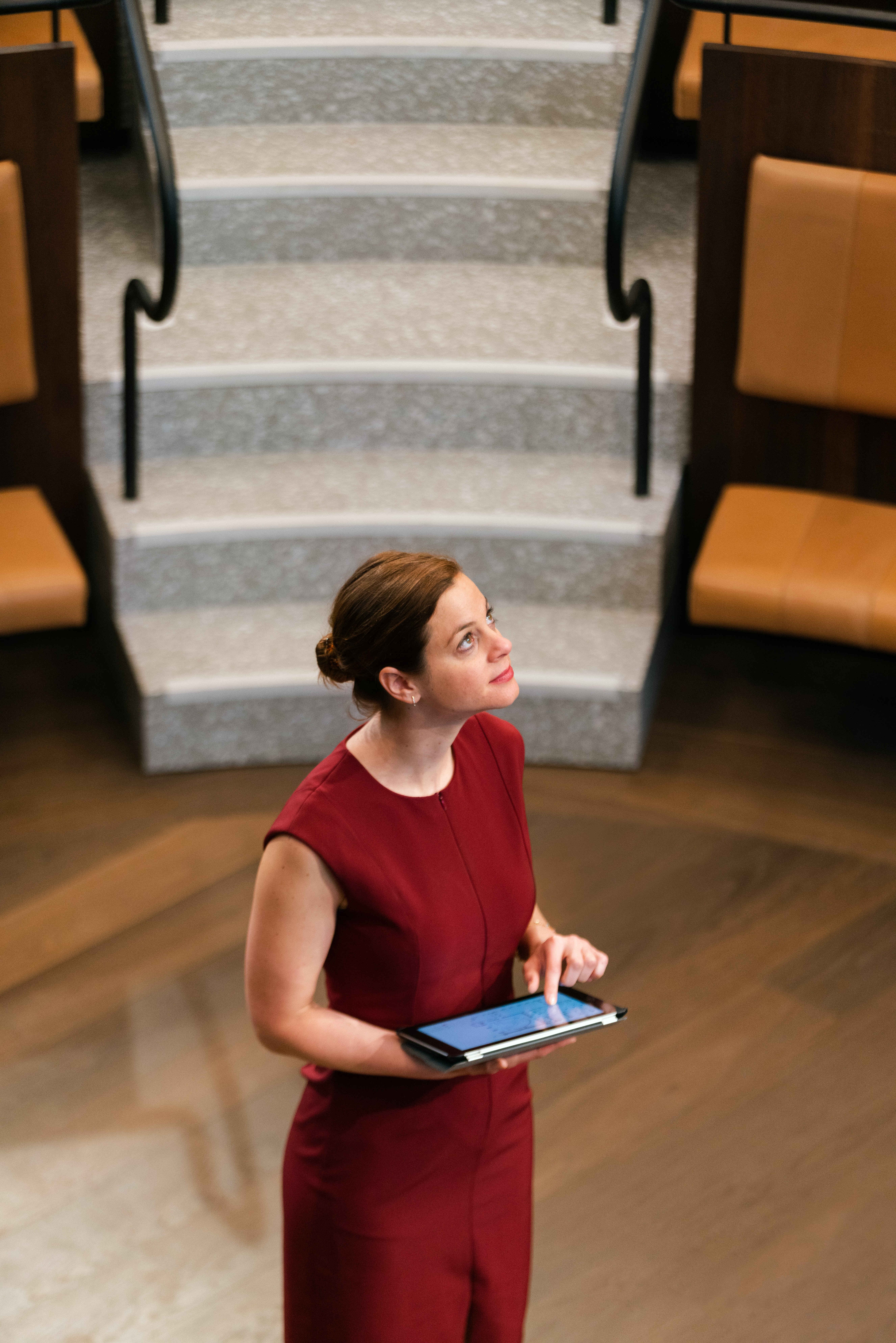 The section that states, “Business Protopia.” The image is a young woman in a sleeveless red conservative red business type dress holding a computer tablet, and she is in the middle of what appears to be a small university lecture hall with steps rising 4 meters behind her head with medium brown hardwood flooring brown leather padded seats. She appears to be looking up at the words “Customer Protopia.”