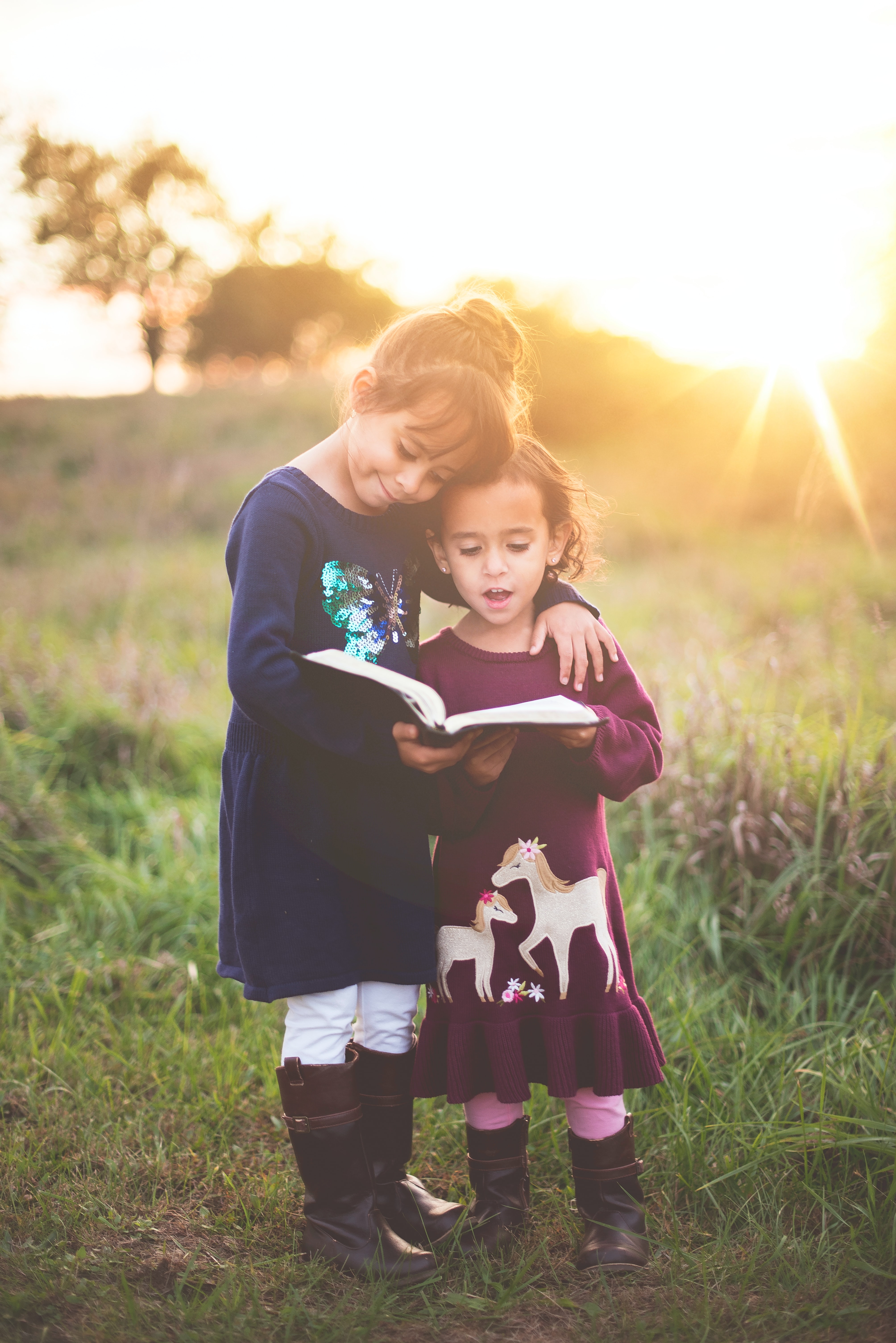 Two young sisters holding a book and sharing a moment of love and kindness in a beautiful meadow at sunrise, embodying the spirit of the Golden Rule 2.1 and the Protopian philosophy of treating others as you would like to be treated.